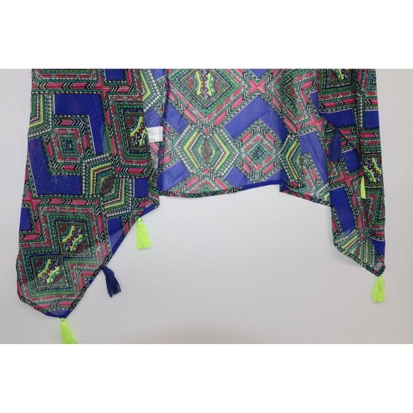 Blue Aztec Kimono Neon Tassels America & Beyond Lightweight Open Front Sz S Boho - Picture 6 of 8